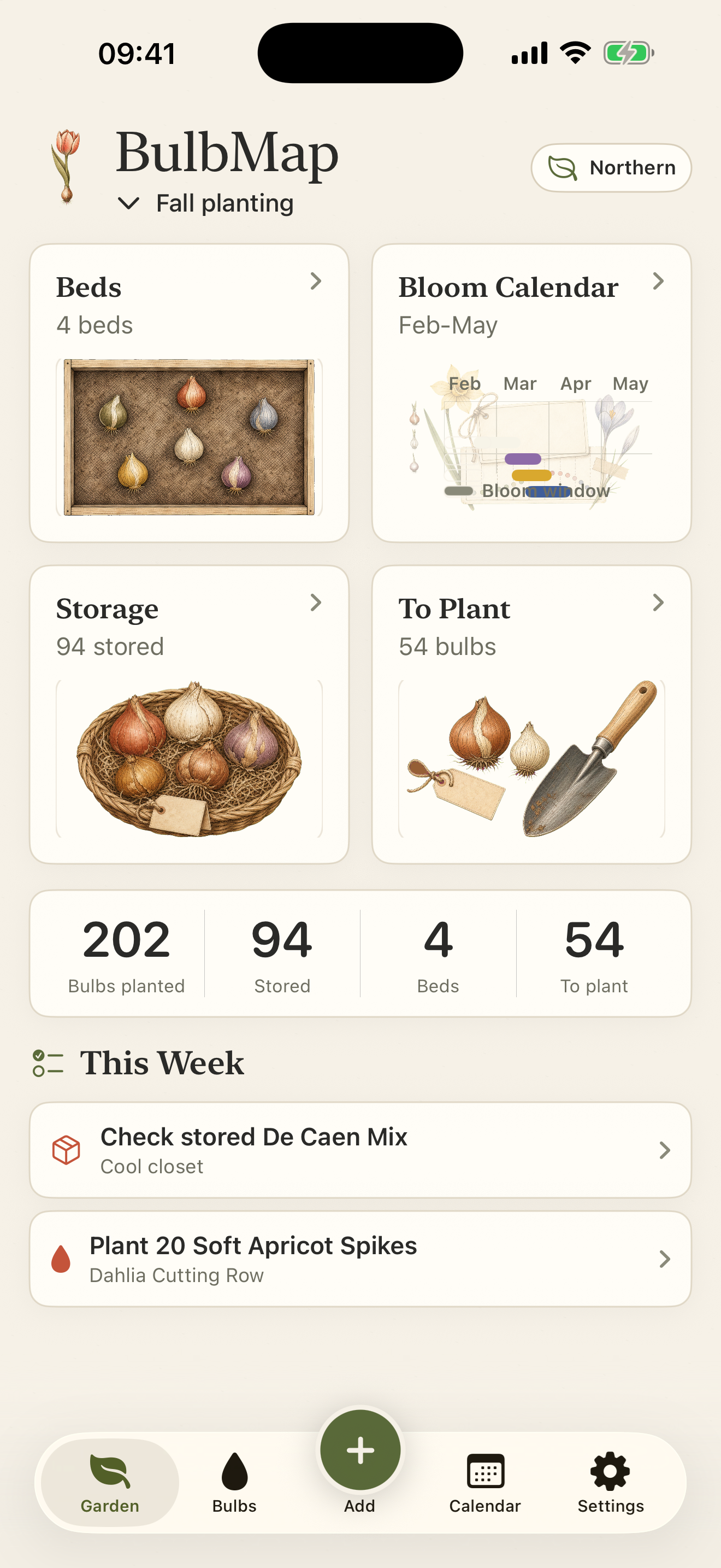 BulbMap garden dashboard in the iOS Simulator