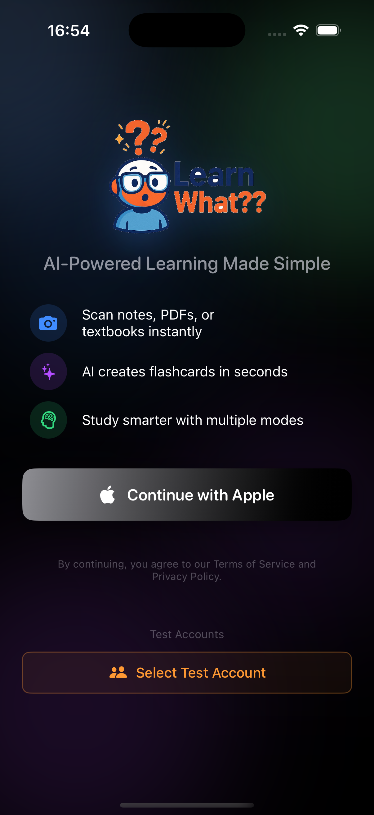 LearnWhat sign-in experience running in the iOS Simulator
