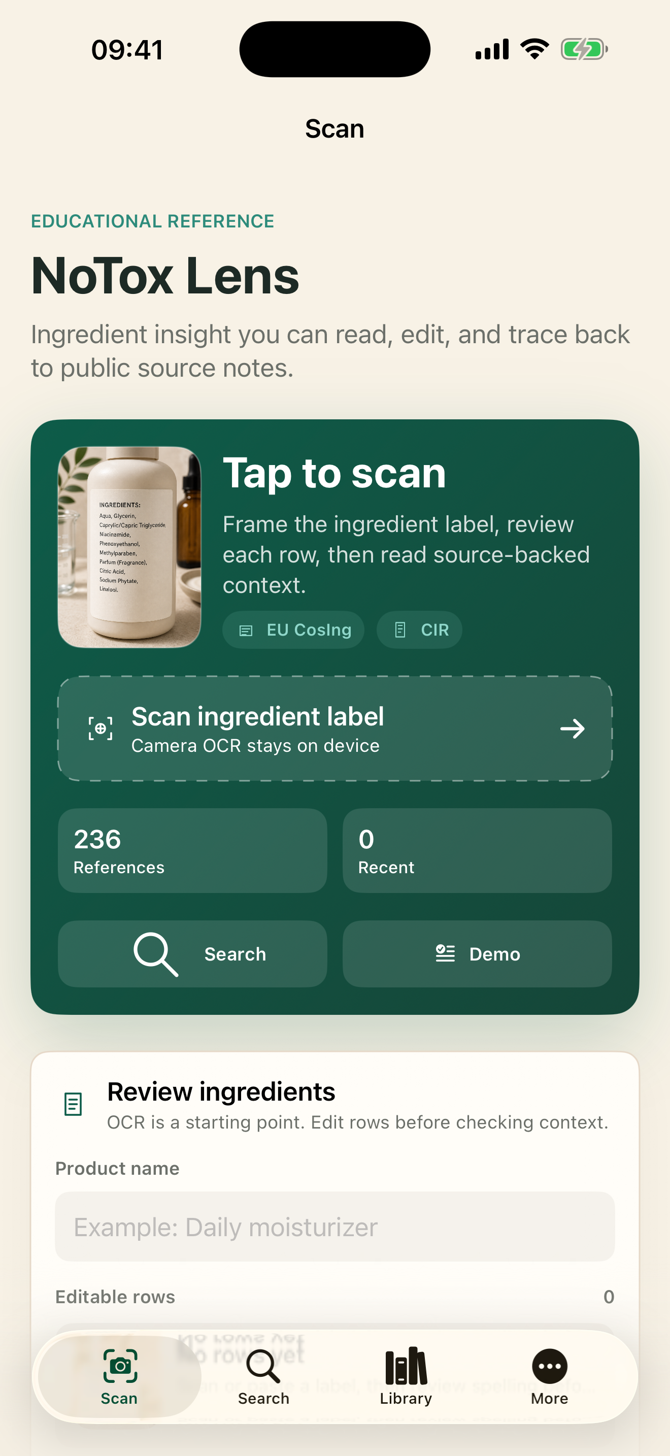 NoTox Lens scan screen in the iOS Simulator