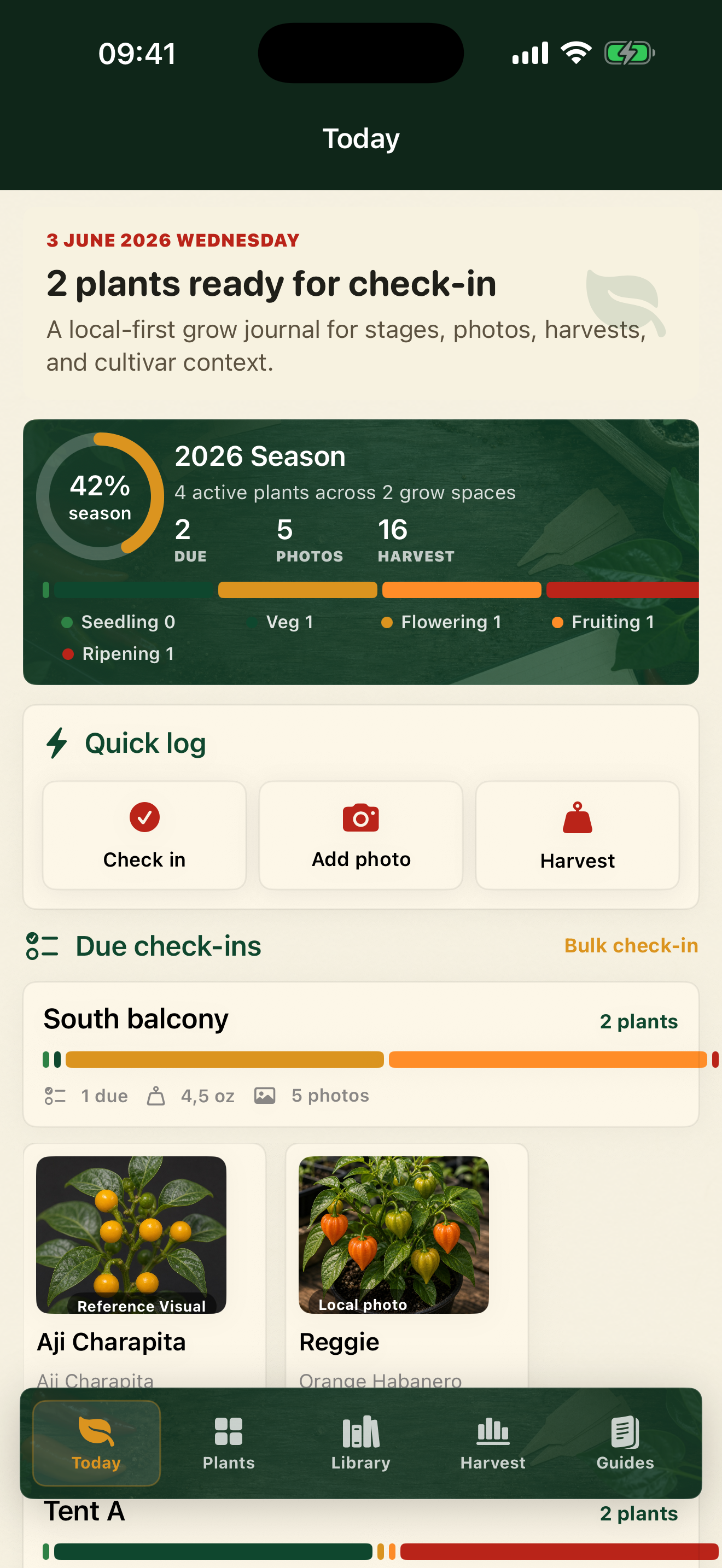 PepperLog Garden today dashboard in the iOS Simulator