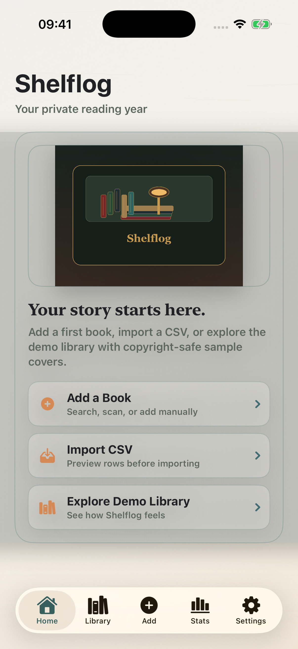 Shelflog home screen in the iOS Simulator